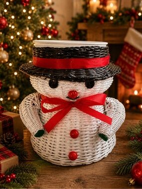 Festive White Wicker Snowman Planter
